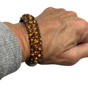 Vintage KJL Orange Rhinestone Gunmetal Hinged Bracelet